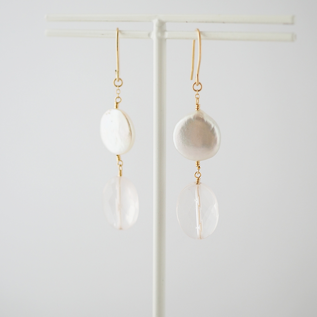 ローズクォーツ×淡水パールピアス