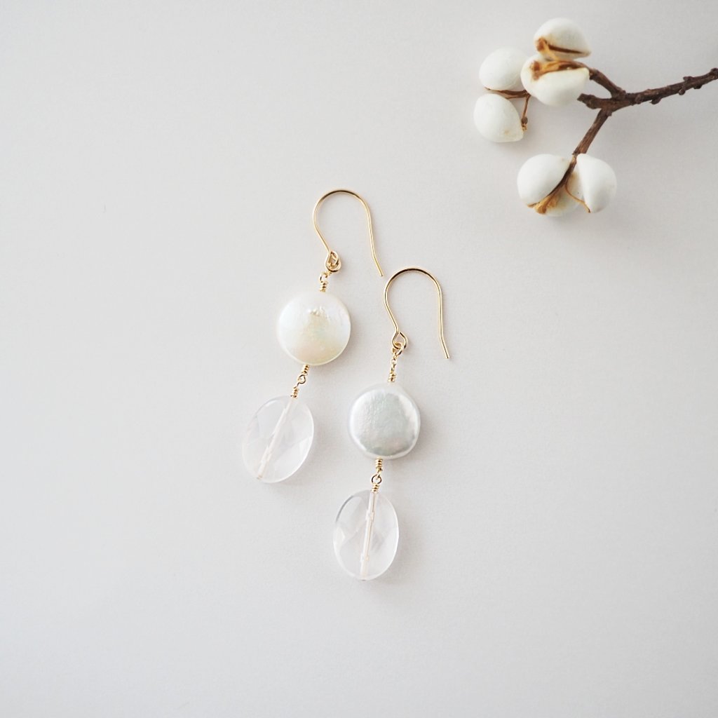 ローズクォーツ×淡水パールピアス