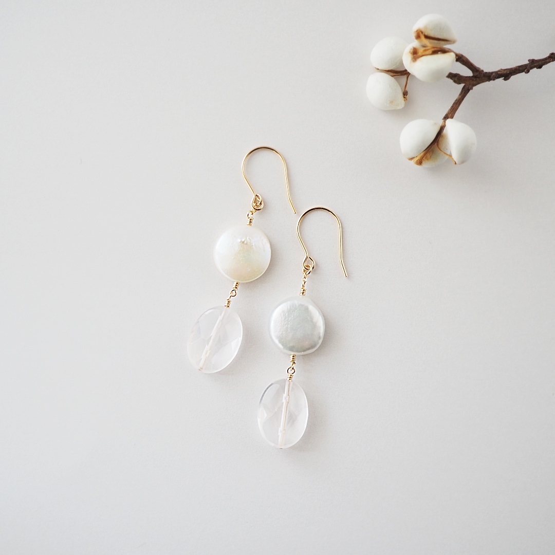 ローズクォーツ×淡水パールピアス